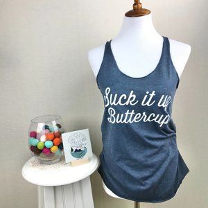 Next Level Women's Medium "Suck It Up Buttercup" Racerback Tank in Indigo/White